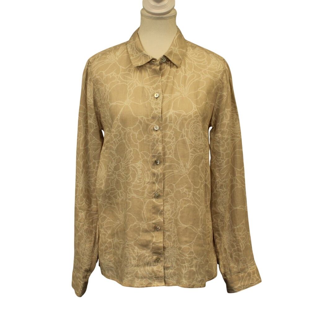 J Jill Love Linen Everyday Floral Button Down Shirt Medium Dark Oatmeal